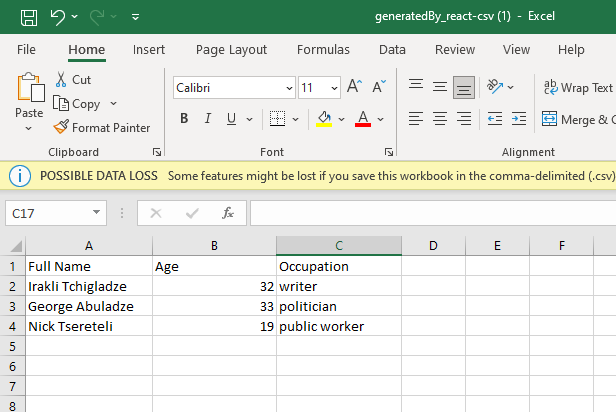 Configure React Component to Export Data to Excel