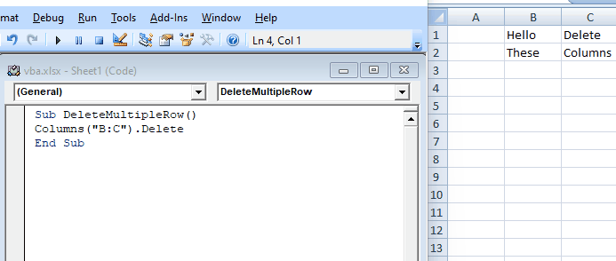 deleting multiple columns using the columns function in VBA code